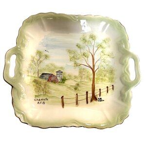 Vintage Hand-Painted Chanute A.F.B. Serving Tray With Scenic Farm & Gold Trim